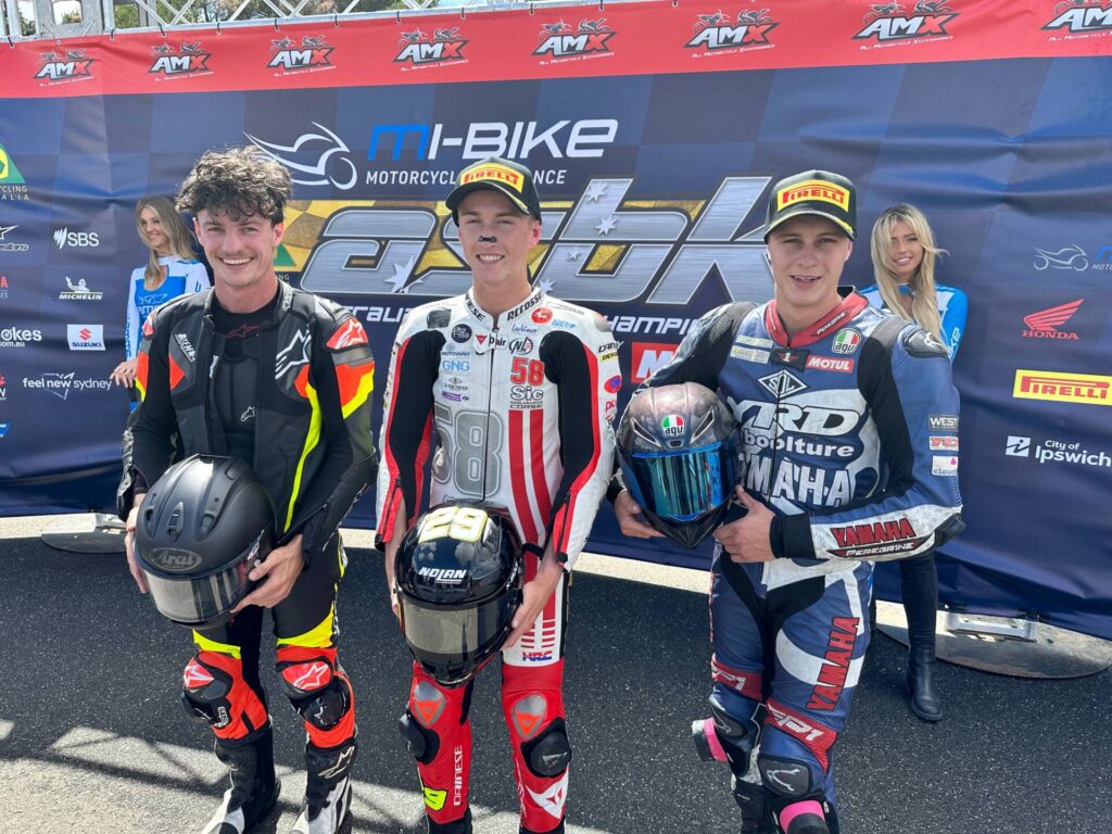 Michelin Supersport Race three podium, from left - right: Olly Simpson (2nd), Harry Voight (Winner) and John Lytras (3rd)